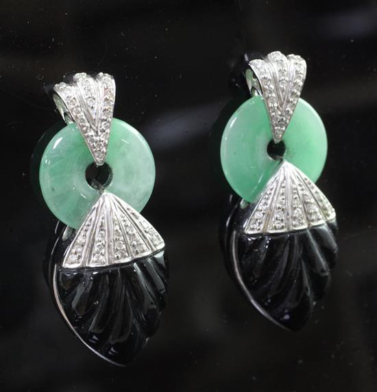 A modern pair of 18ct white gold, jadeite disc, black onyx and diamond set drop earrings, 1.5in.